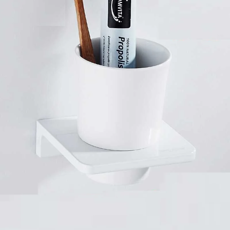 MTTUZK Matt Black Toothbrush Holder Wall Mounted Toothbrush Cup Holder Solid space aluminum Shelves With Single Ceramics Cup Set - Цвет: white