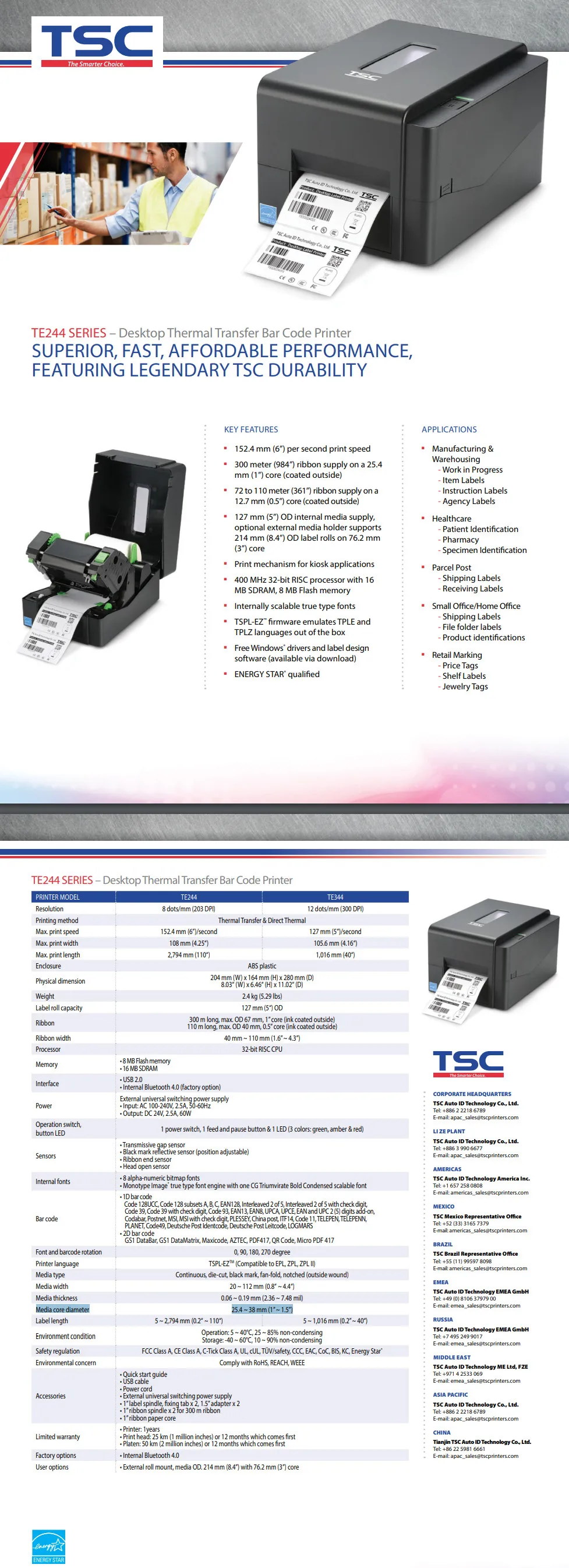 Абсолютно TSC TTP-TE244/TE244+ настольный термоперенос и прямые термоэтикетки Bluetooth принтер штрих-кода 203 точек/дюйм