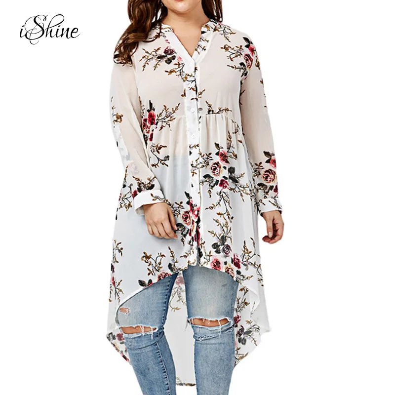 New Women Sexy Chiffon Shirts Blusa Long Sleeve V-neck Irregular 2017 Femme Shirt Tops Summer Autumn Blouses Plus Size Floral |