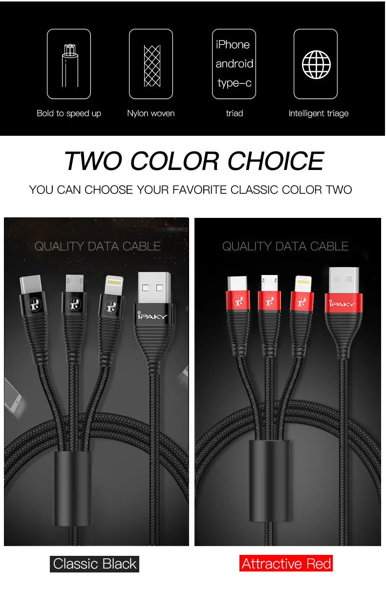 IPAKY 3 в 1 USB кабель 3A для мобильного телефона Micro usb type C зарядный кабель для iPhone XR XS Max X huawei кабель для быстрой зарядки данных