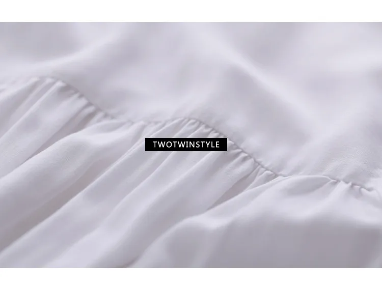 TWOTWINSTYLE сплит длинная рубашка Женский Стенд воротник фонарь рукав Ruched Белый Большой размер OL Блузка Весенняя Модная элегантная одежда