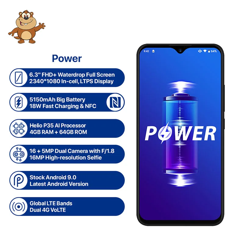 UMIDIGI power Android 9 0 5150 мАч большая батарея 18 Вт 6 3 'FHD + экран капли воды 4 Гб 64 Helio P35