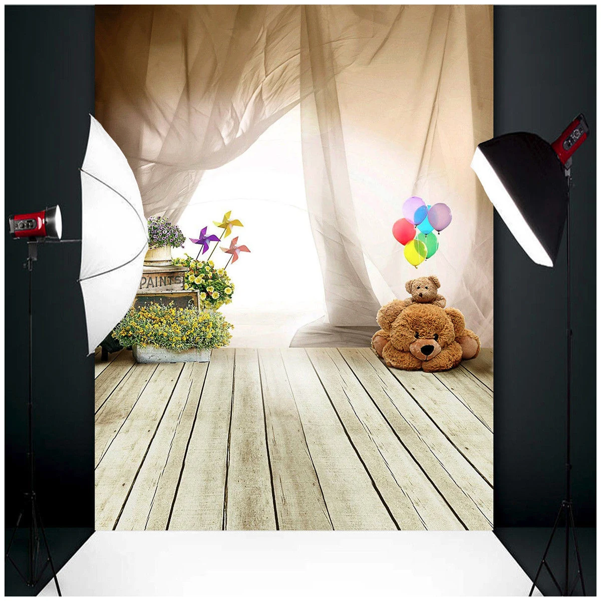 5x7ft винил фон фотографии медведь цветок окна пол стены Studio Задний план |