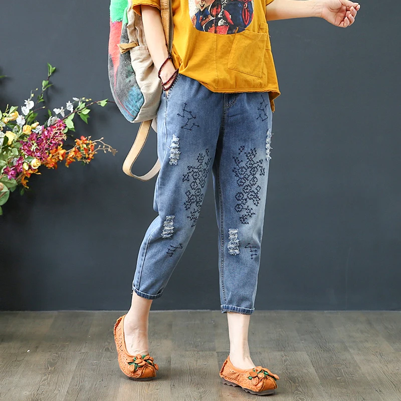Шаровары женские джинсы длиной до середины икры высокая талия вышивка карманы