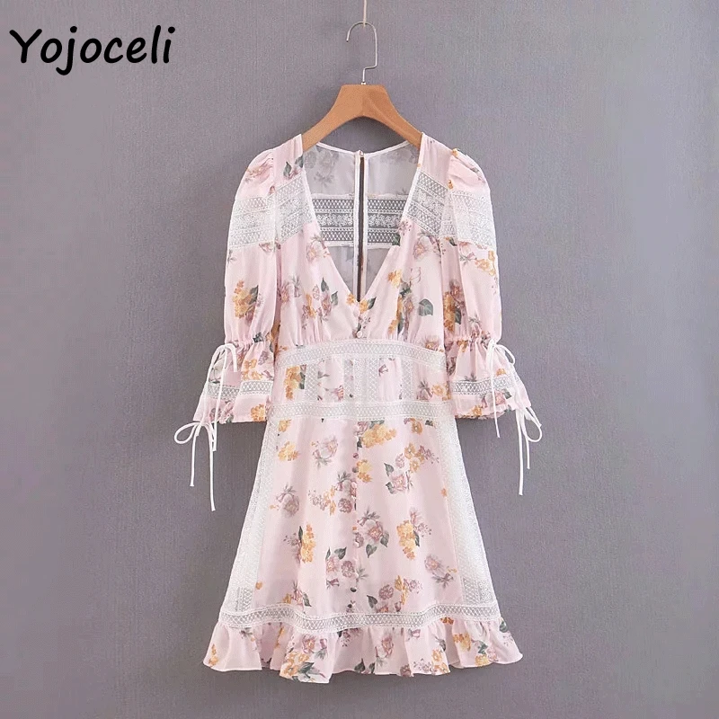 Yojoceli 2019 модное кружевное лоскутное платье с цветочным принтом женское v-образным