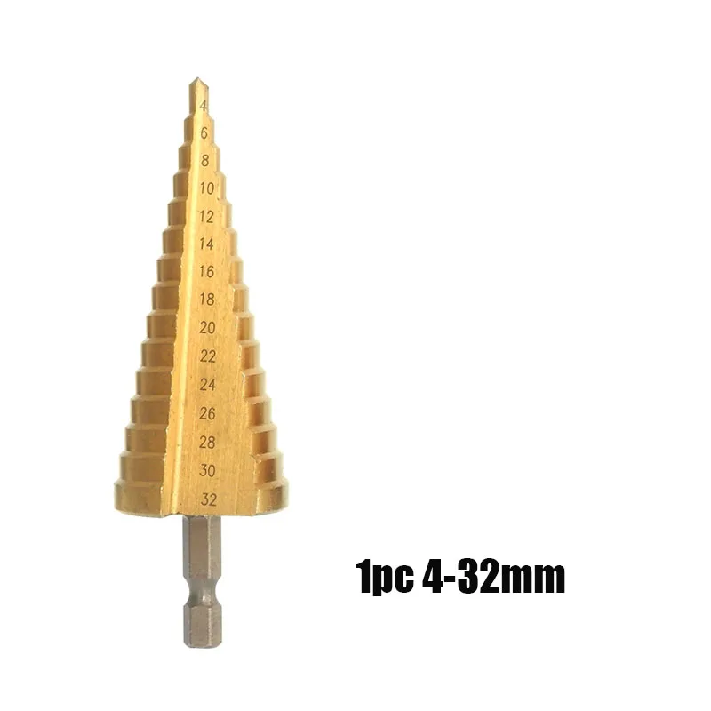 1pc 4-32mm Ступенчатые сверла из быстрорежущей с алмазным напылением для Титан покрытием 3-12/13 на возраст от 4 до 12 лет/20 мм/22 мм/32 мм конус дыропробивной пресс 1/4 ''шестигранным хвостовиком бит пустотелого сверла диаманта для металла, дерева - Цвет: 1pc 4-32mm