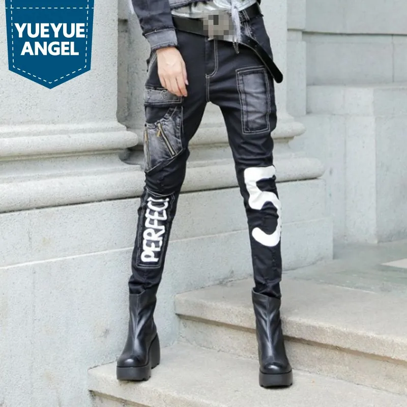 Женские шаровары в стиле панк черные длинные джинсы на молнии с карманами