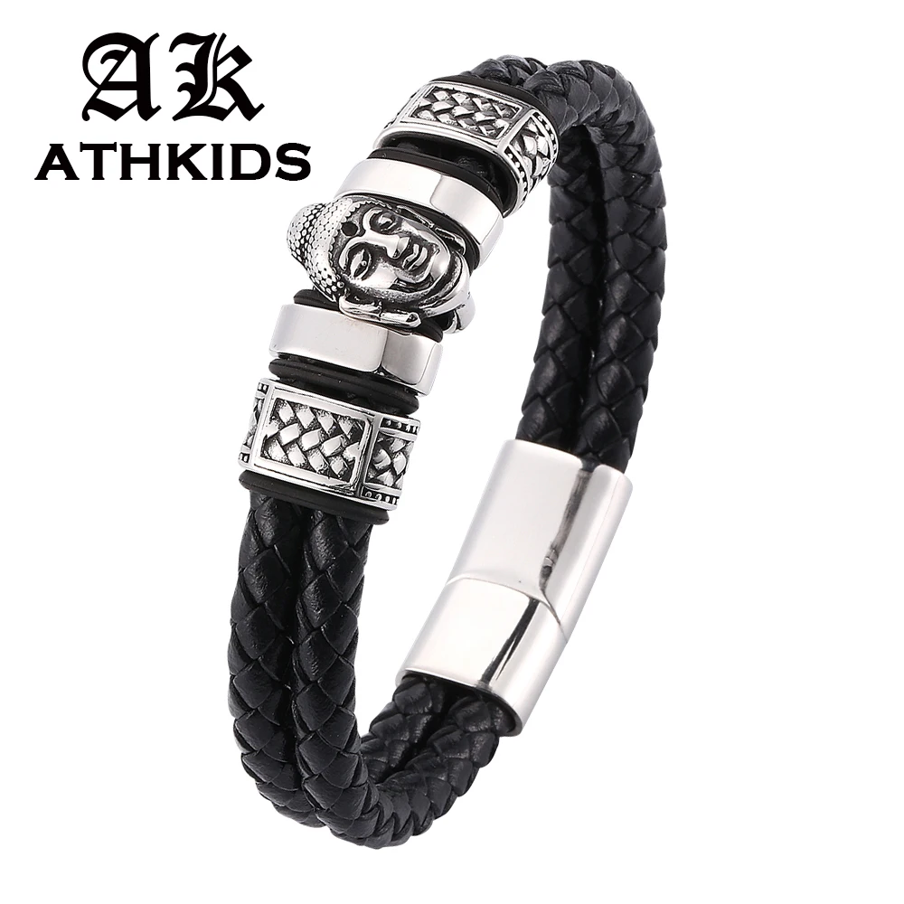 

Men Bracelet Stainless Steel Thailand Buddha Head Bracelets Bangles Genuine Leather Bracelet With Magnetic Clasp PD0059