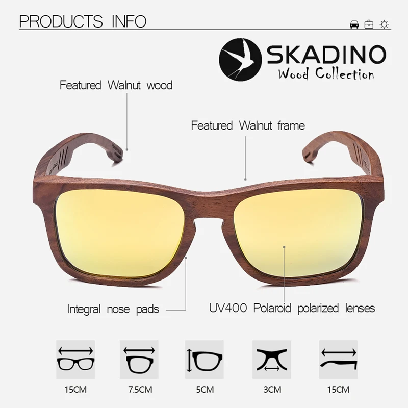 SKADINO UV400 поляризационные солнцезащитные очки из орехового дерева модные для