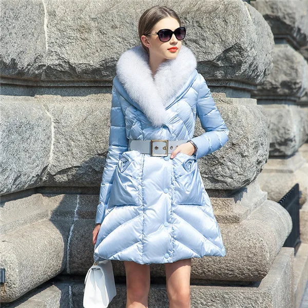 Light blue Женский пуховик Новая европейская зимняя женская куртка с воротником из лисьего меха тонкое длинное утепленное пальто пуховик - Цвет: Light blue