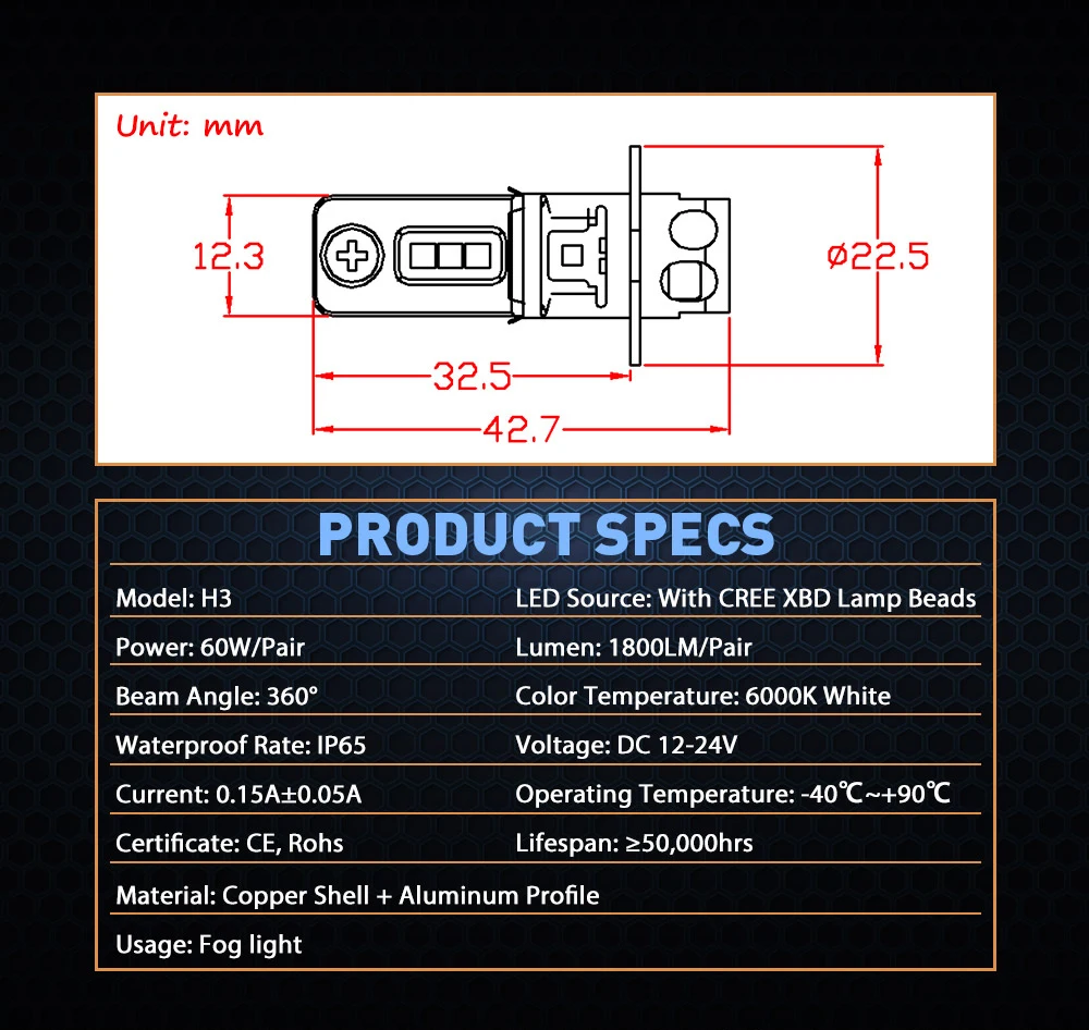 NIGHTEYE светодиодный противотуманный светильник H3 белый 6000K фонарь 60W 1800lm 12 24V