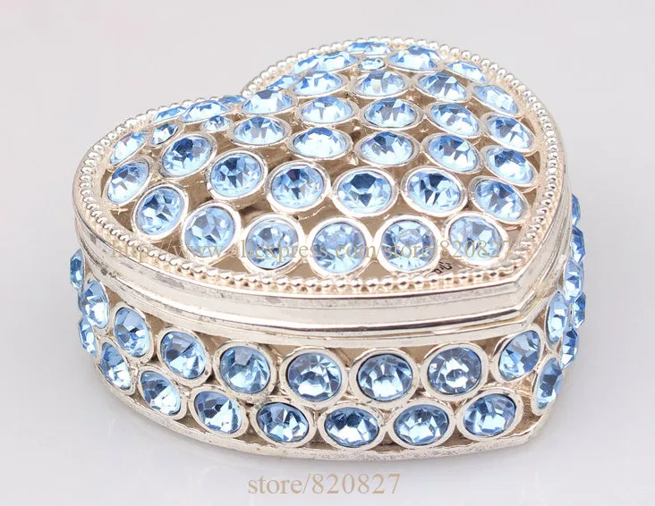 Heart Metal Box Diamond Stoned Jewelry Trinket-purple, Silver,red, Burgundy, Sky Blue Colors