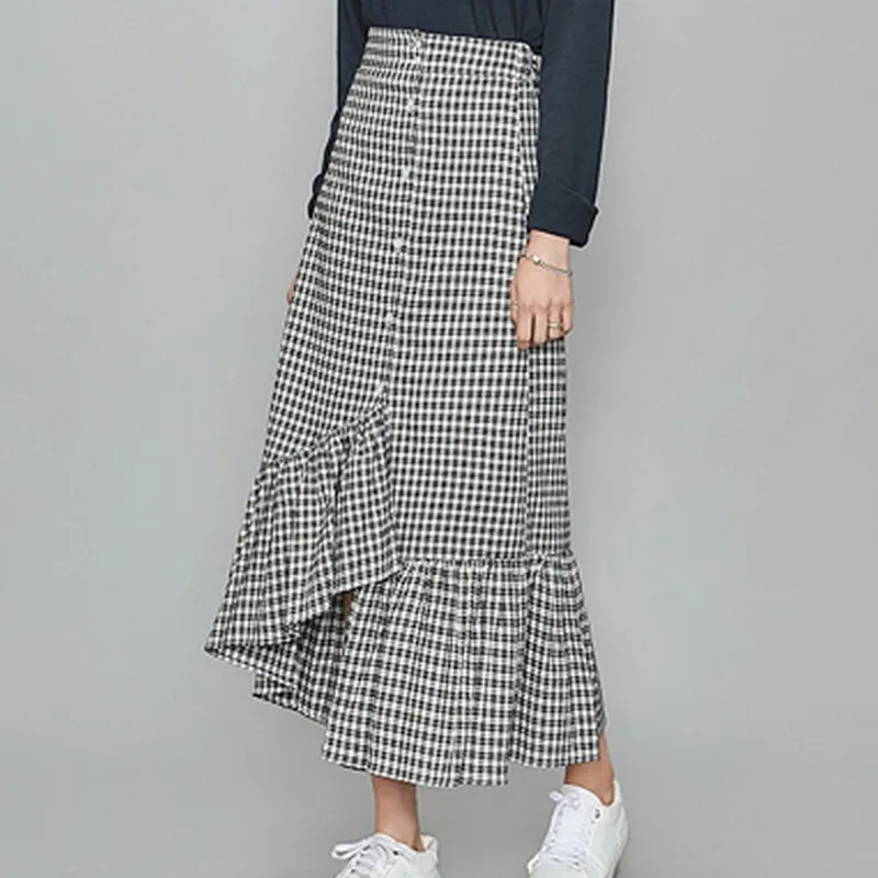 EXOTAO Button Front Асимметричная рюшами Длинные клетчатая юбка для Для женщин сезон: