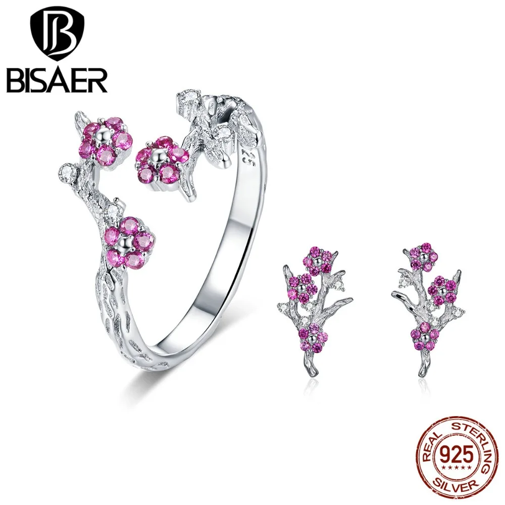 

BISAER Hot Sale Authentic 925 Sterling Silver Blooming Cherry Flower Earrings Rings Women Jewelry Sets 925 Silver Jewelry WES096
