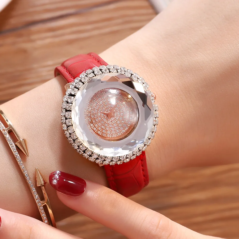 

Relojes Lujo Watch Women Shiny Crystal Dial Women's Quartz Watches Red Leather 2020 Lady Watches Female Clock Zegarek Damski