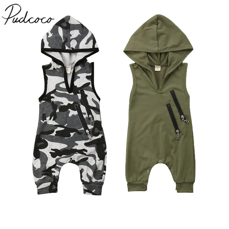 2019 Baby Summer Clothing Newborn Toddler Boy Fashion Hooded Rompers Camouflage Print Sleeveless Zip Jumpsuits 0-24M |