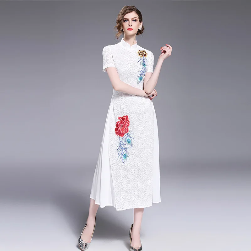 Высокая-конец Floral Summer Женщины Китайский Style Royal вышивка Dress ES элегантный тонкий Lady