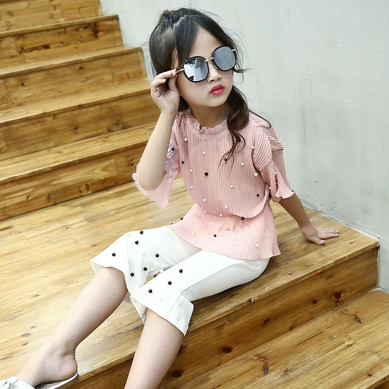 Chiffon Beaded Girl Little Clothes 2 Piece Set Kid Clothing Red Top Pants 2020 | Детская одежда и обувь