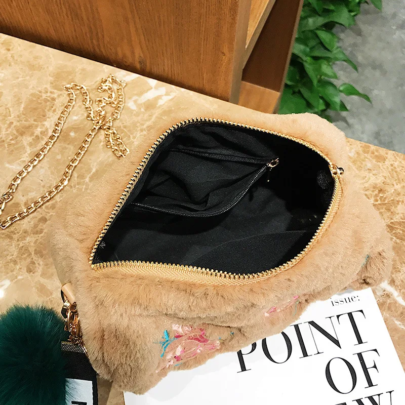 Plush Embroidery Evening bag Vintage Fur ball Barrel Shaped Handbag Chain Lady Fashion Crossbody Bag Women Famous Shoulder | Багаж и сумки
