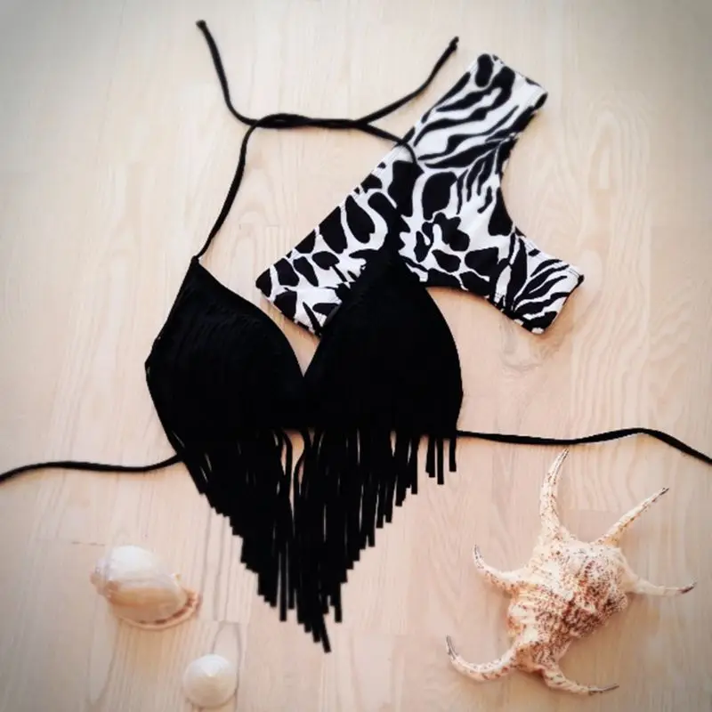 Women Sexy Bikini Set Halter V-Neck Irregular Long Tassels Bra Low Waist Retro Zebra-Stripes Leopard Printing Thong Swimsuit |