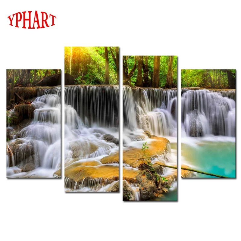 Без рамки 4 панели водопад с деревом Большой HD картина декоративная живопись на