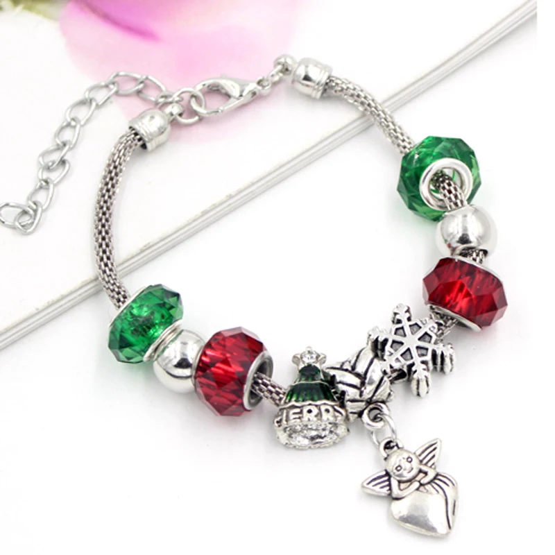 

10PCS/Lot Wholesale charm bracelet Jewelry European Bead X'mas Tree Snowflake Angel Charm Bracelet for Christmas Gift Jewelry