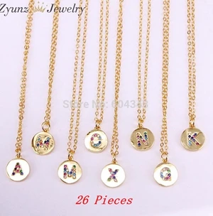26pcs necklace 10/26 шт. золотая, радужная CZ кубический цирконий с инициалами насквозь с буквенным принтом в Круглый Форма подвески ожерелья для Новинки для женщин ювелирные изделия - Окраска металла: 26pcs necklace