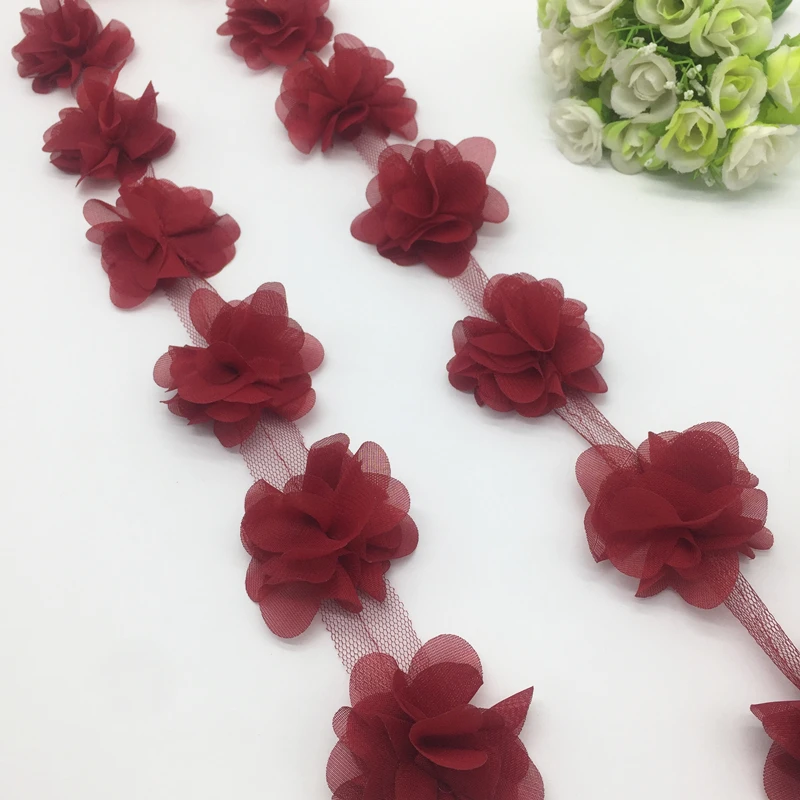Wine Red 1 ярд 3D шифоновое с цветочным кружевом отделка Детская резинка для волос украшение, кружевная ткань DIY аксессуары для одежды лента - Цвет: Wine Red