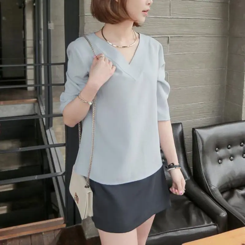 ETOSELL Fashion Women Blouse V-neck Chiffon Shirt Office Lady Blouses Ladies Top Work Formal Career Shirts YR |
