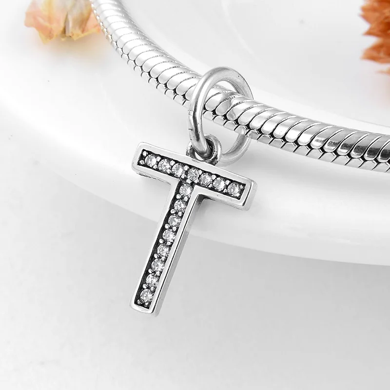 T Подвеска pandora, серебро 925, браслет, настоящее 925 пробы, серебряный, модный, с буквами A to Z, очаровательный Бисер для изготовления ювелирных изделий - Цвет: T