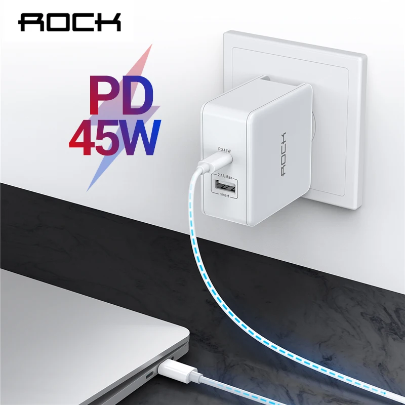 PD 45 Вт двойное зарядное устройство USB Quick Charge ROCK US Plug для iPhone XS Max XR X 8 plus type C быстрое