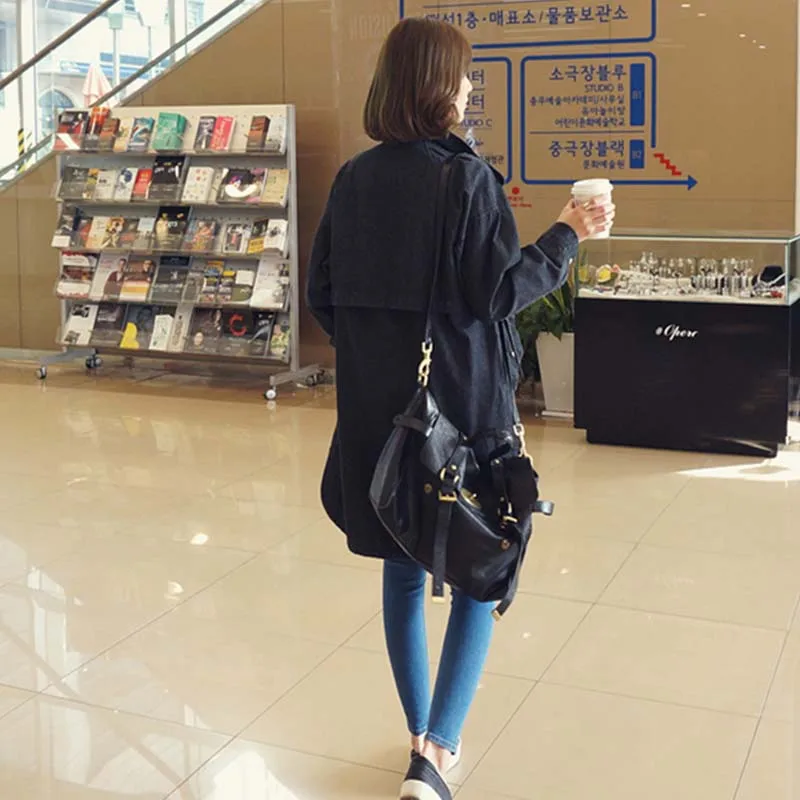 Женское свободное джинсовое пальто La MaxZa черное с длинными рукавами и отложным