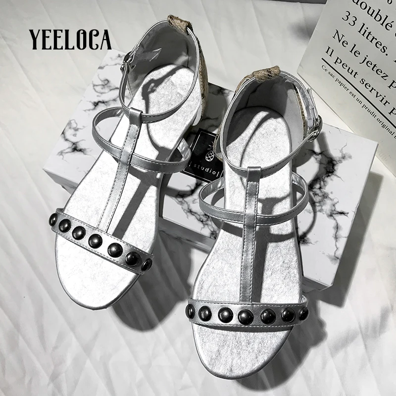 

YEELOCA 2019 shoes woman summer flat with sandals women t-strap metal decoration low heel open toe beach black ladies sandals