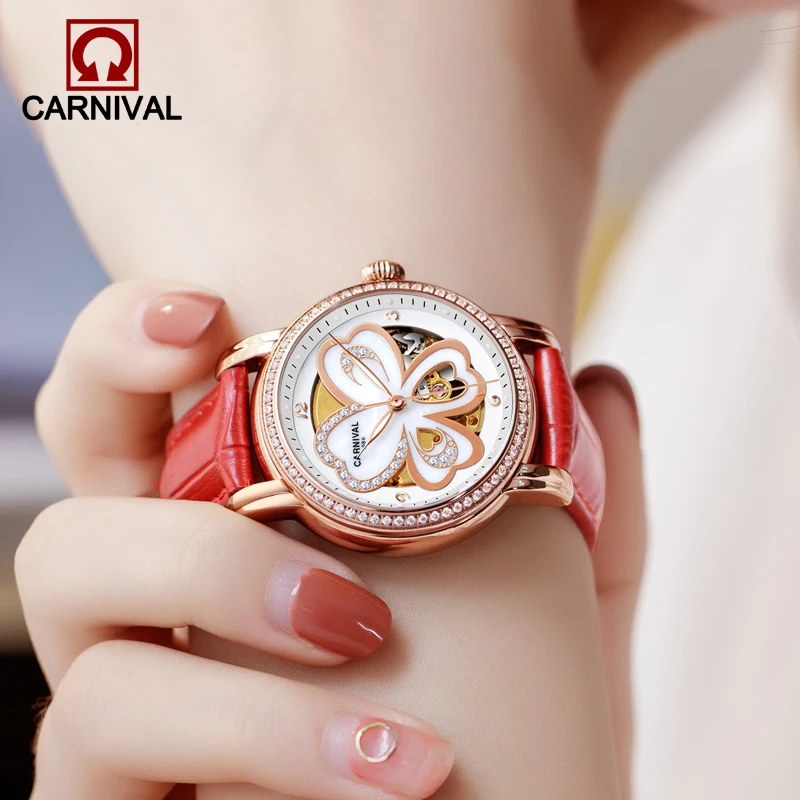 Automatic Watches relogio feminino CARNIVAL Luxury Women Mechanical Wristwatch Red Leather Skeleton Watch Luminous Sapphire 2018 enlarge