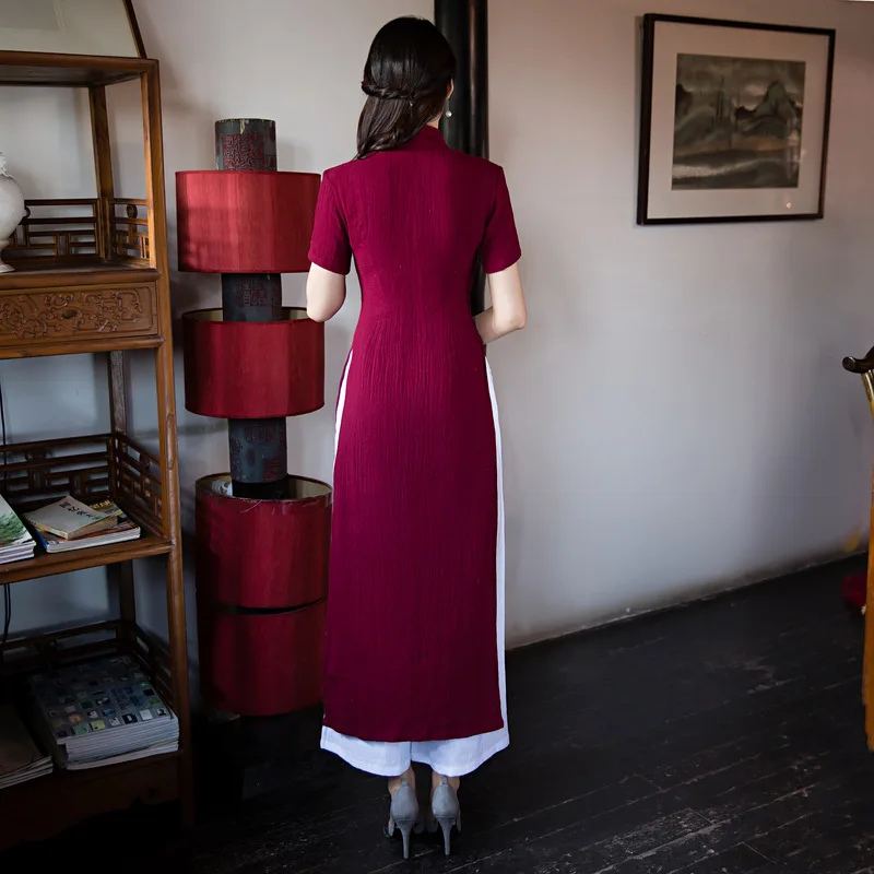 Традиционное платье Ципао Aodai из Вьетнама длинное хлопка и льна в китайском стиле