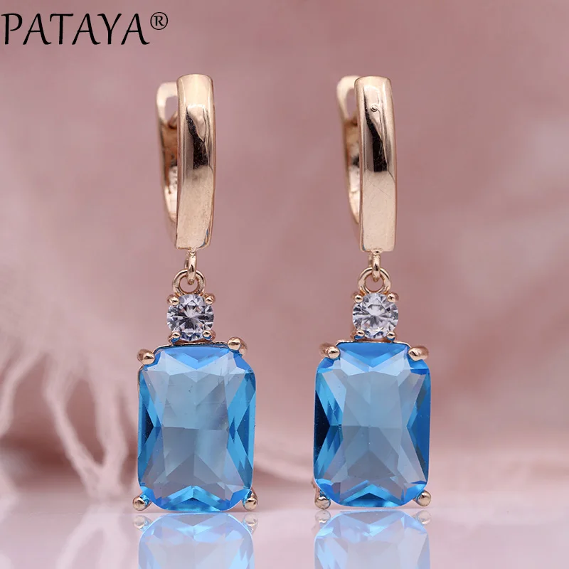 sea blue PATAYA, новинка, квадратные темно-синие длинные серьги, женские свадебные ювелирные изделия, 585 розовое золото, полые, разноцветные, натуральный циркон, свисающие серьги - Окраска металла: sea blue