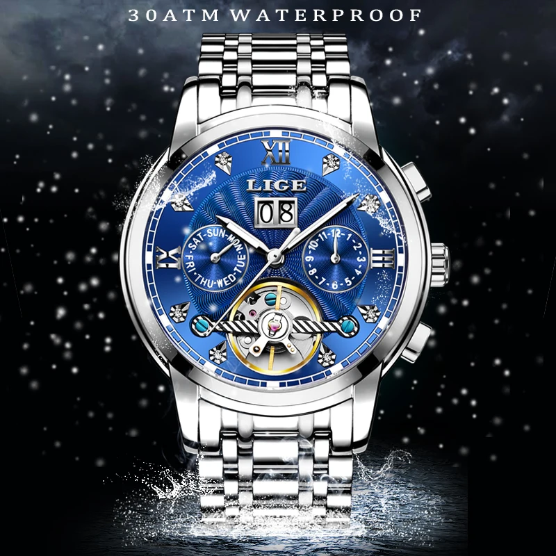 LIGE Мужские механические часы Tourbillon Роскошные модные брендовые спортивные из