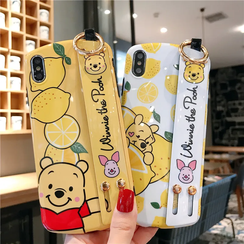 For iphone XR XS max X Cute lemon winnie Wrist strap soft Phone Case iPhone 8plus 7 7plus 6 6S 6p Shell stand holder case |