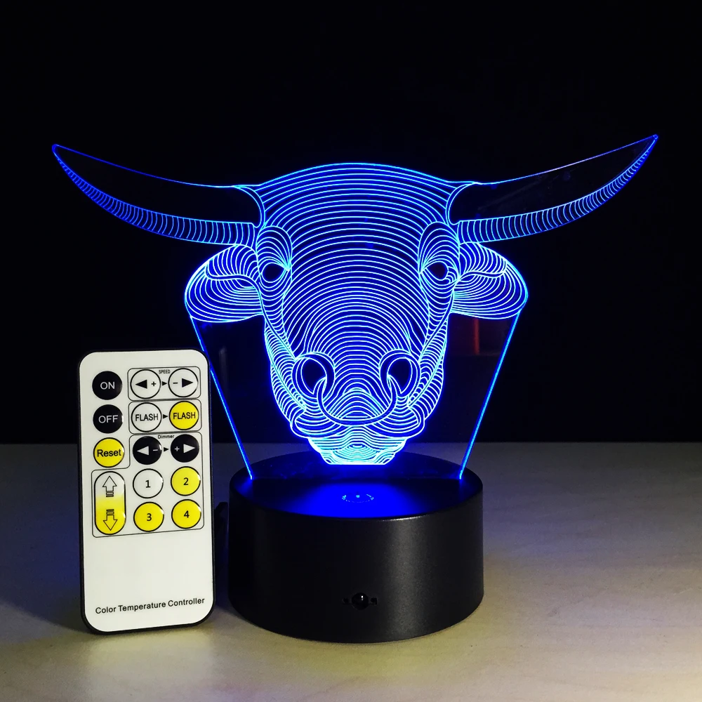 Светодиодная лампа с 3D рисунком животного быка корова USB 7 цветов|Ночники| |