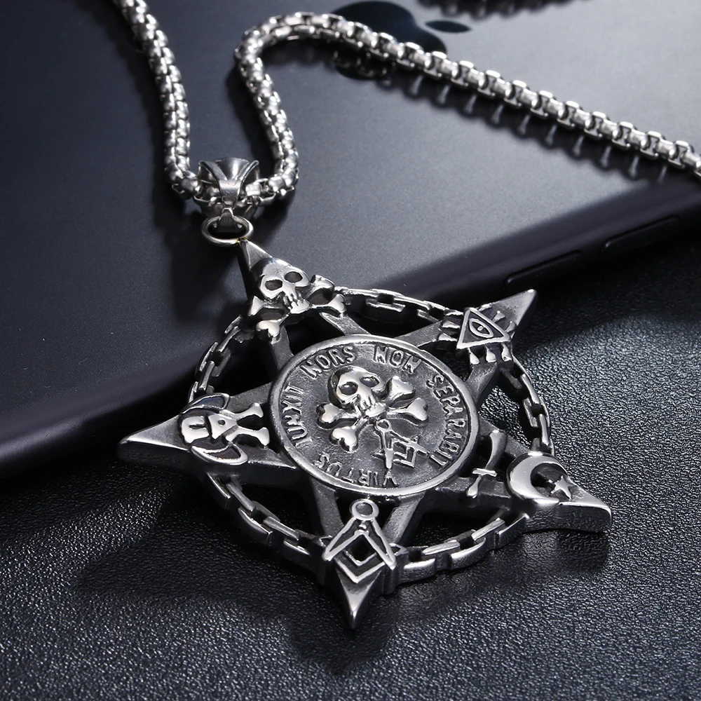 Мужская цепочка с подвеской череп Pentacle Moon Star Masonic Magic Titanium пентаграмма из