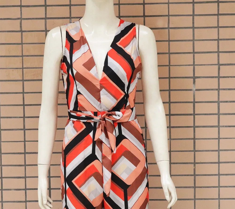 Sexy V Neck Geometric Printed Wide Leg Jumpsuit Women Sleeveless Sashes Party Beach Casual Summer Maxi Overalls | Женская одежда
