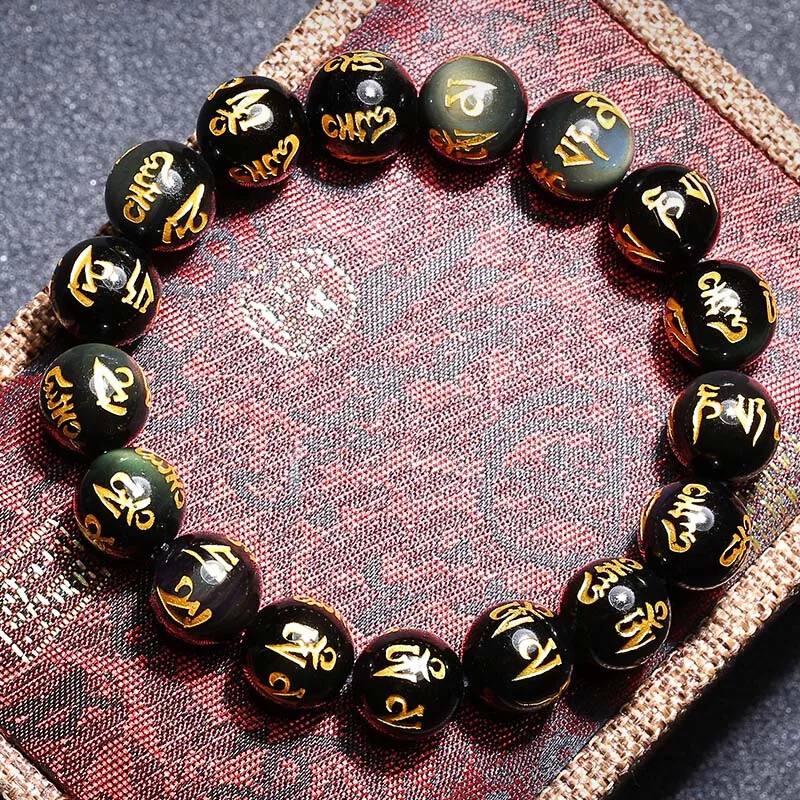Drop Shipping Natural Obsidian Beads Bracelets Lucky Amulet Six-word Rumor Hot Stampin homme Bracelet For Women Men Gift | Украшения и