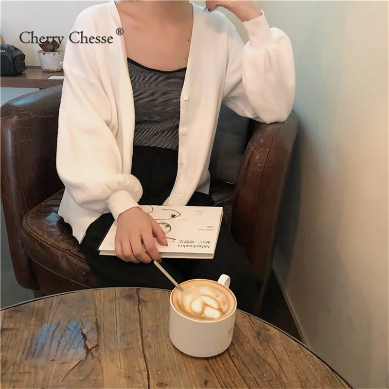 Cherry Chesse Sweet Solid Women Sweater Button V Neck Tops Autumn Casual Slim Female |