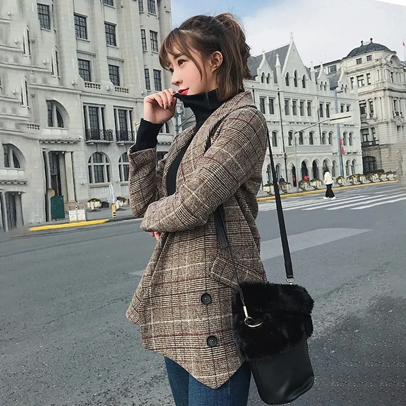 TWOTWIN стильный клетчатый шерстяной Блейзер топы женский двубортный пиджак с