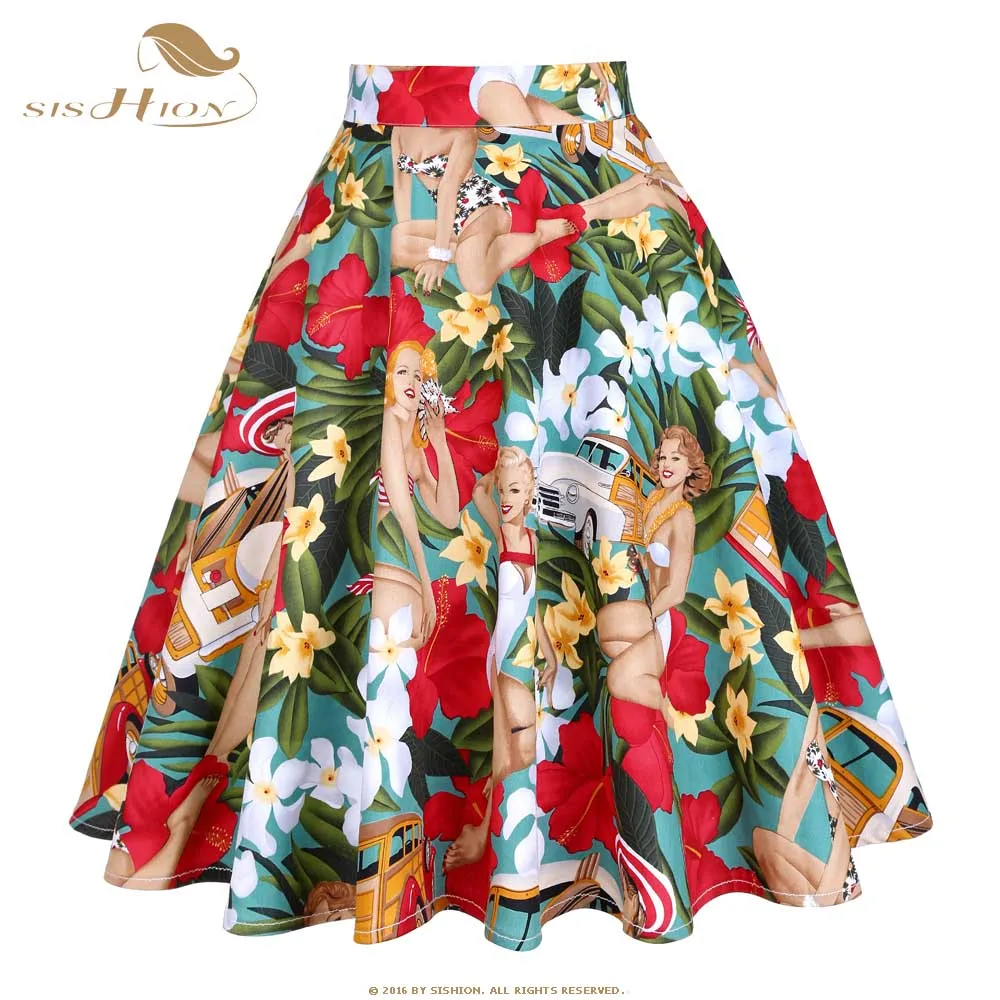 

SISHION 2022 Skirts Jupe Women Floral Print Vintage Retro Cotton Skater Skirt Falda High Waist Knee Skirt VD0020CG