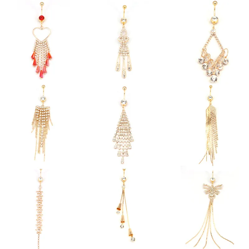 Медицинское стальное кольцо с кристаллами и золотыми пупырышками для пупка