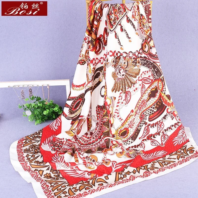 

100%silk feel square scarf Flower print women Fashion large sjaal stripe large Navy blue scarves luxury brand women hijab new