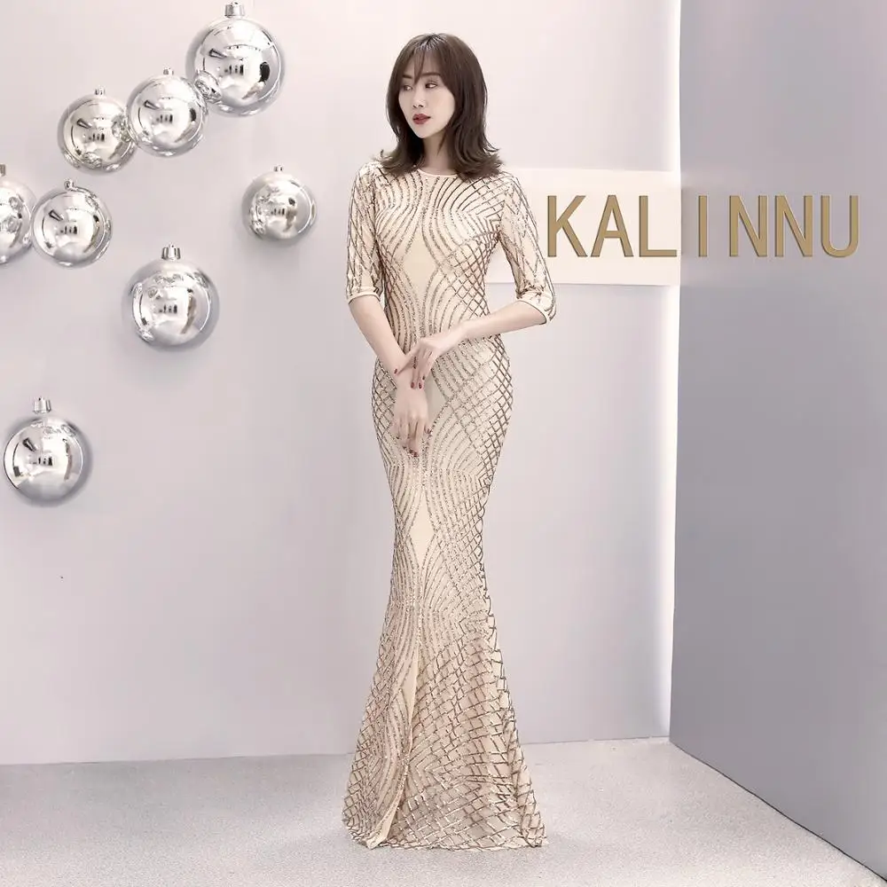 Женское вечернее платье с блестками Элегантное Длинное цвета шампань рукавом до