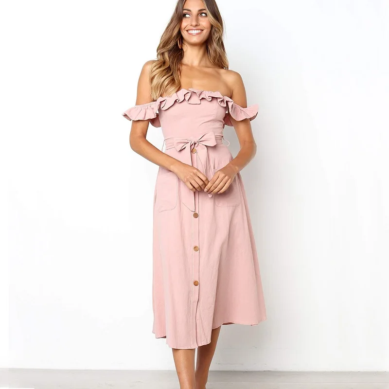 Женское платье с открытыми плечами VIEUNSTA элегантное однотонное хлопковое пляжное