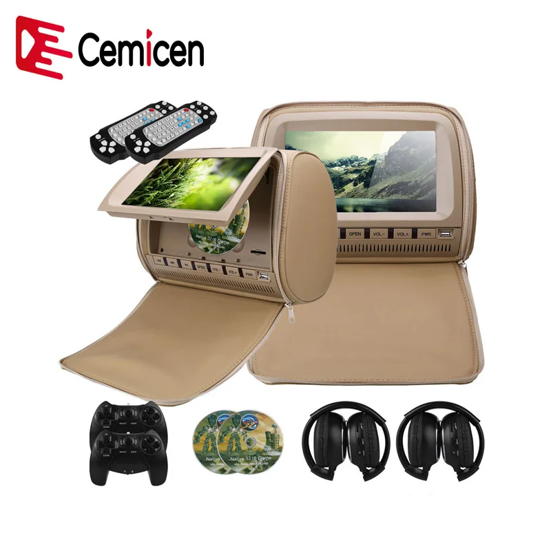 Cemicen 2 шт. 9 дюймов автокресло Экран DVD видео плеер 800x480 защитным чехлом на молнии на тонкопленочных транзисторах на тонкоплёночных транзисторах ЖК-дисплей Экран Поддержка MP5 ИК/FM/USB/SD/Динамик/игры